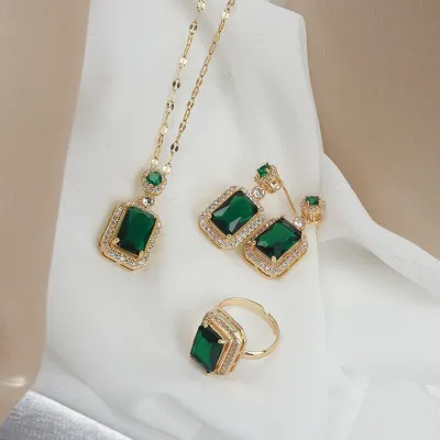 Women's Rhinestone Green Square Necklace Set 4 Pcs 